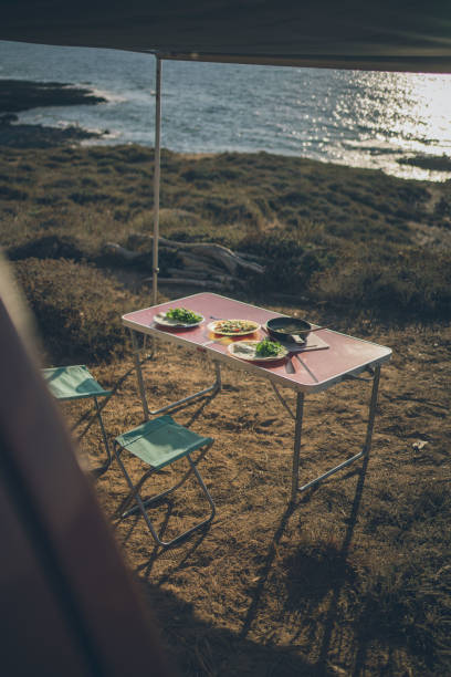 View from camper van doorway to picnic table and breakfast
