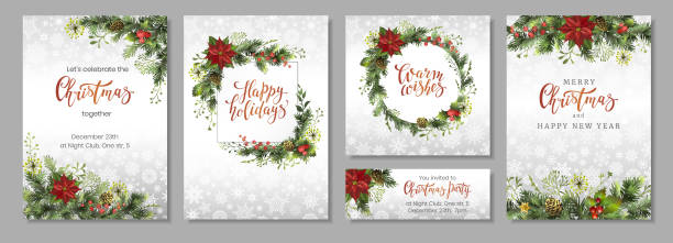 świąteczne firmowe kartki świąteczne, ulotki lub zaproszenia. dekoracja świąteczna. zestaw tła na ferie zimowe z świątecznym wystrojem. - christmas card stock illustrations