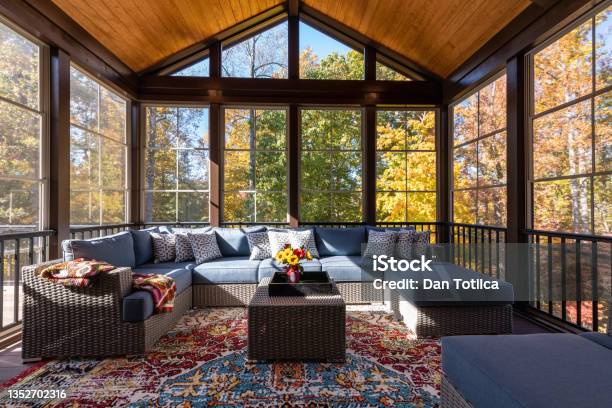 Cozy Furnished Porch Enclosure In Autumn Season Stock Photo - Download Image Now - Autumn, Home Interior, Window