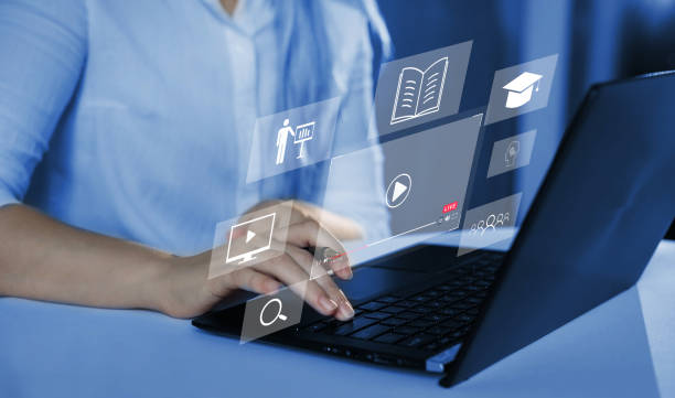 istock Person who attends online lessons on a digital screen.E-learning education, internet lessons and online webinar. Education internet Technology. 1352703622