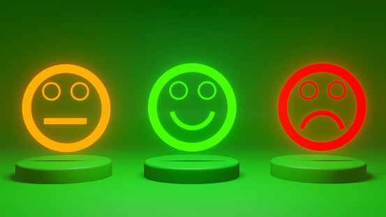 Customer satisfaction survey feedback. Neon lighting emotion face symbols. Service rating, ranking and satisfaction and feedback concept