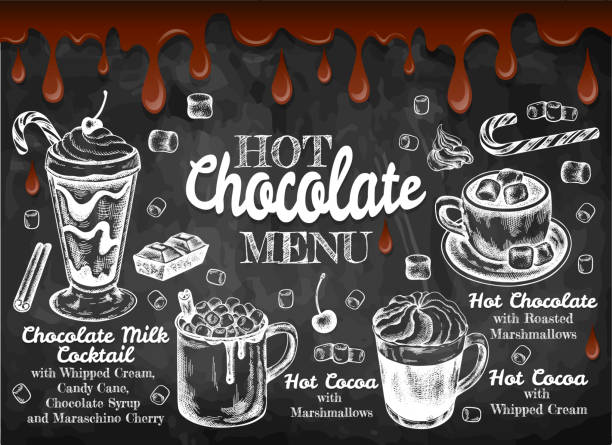 меловым рисунком плакат меню hot chocolate с растопленным шоколадом. - candy cane retro revival document old fashioned stock illustrations