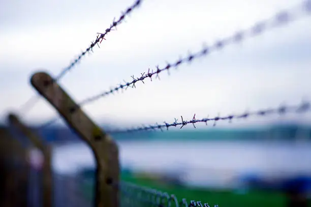 Barbed wire strung between concrete posts on top of a mesh security fence, England, UK.