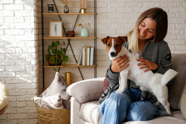 istock Young woman with a pup at home 1352704036