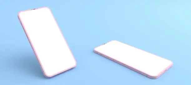 Photo of 3D rendering of mockups pink Smartphone white screen on blue floor, Pink Mobile phone lay down on the ground. Smartphone white screen can be used for commercial advertising,Isolated on blue background