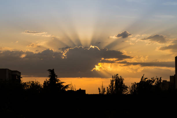 sunset over the city of Madrid, Spain