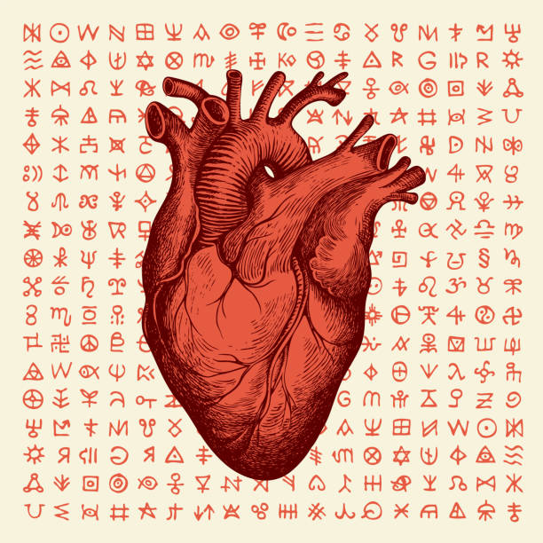 illustrazioni stock, clip art, cartoni animati e icone di tendenza di stendardo con cuore umano rosso e vecchie rune magiche - cuore umano