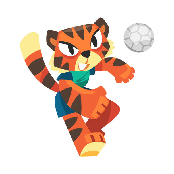 istock Striped Tiger in Sportswear Playing Volleyball Game Doing Sport Vector Illustration 1352707662