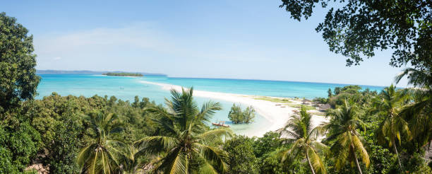 Nosy Iranja kely in Nosy be Madagascar - Panoramic view Paradise beach of Nosy Iranja in Nosy Be in the province of Diego in Madagascar. The beach of Nosy Iranja is considered as one of the most beautiful beaches of Madagascar. madagascar beach photos stock pictures, royalty-free photos & images