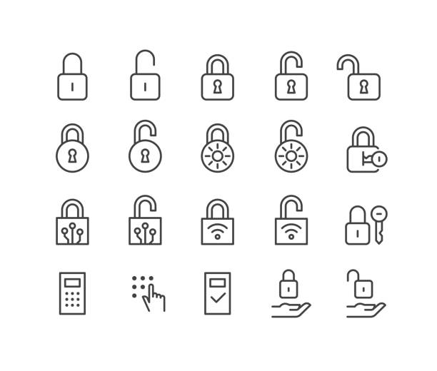 stockillustraties, clipart, cartoons en iconen met lock open and lock closed icons - classic line series - lock