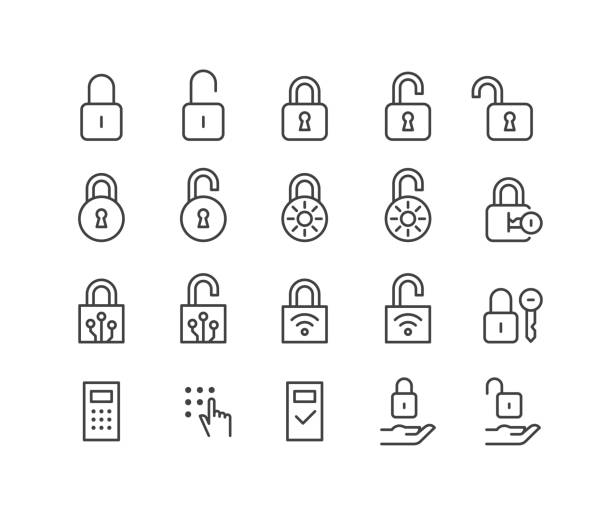 блокировка открытых и закрытых значков блокировки - серия classic line - unlocked padlock stock illustrations