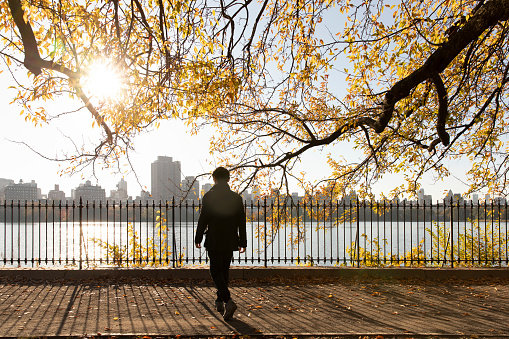 One person enjoying autumn views of the reservoir in Central Park.
