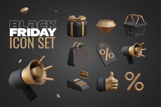 Black Friday sale 3d icon set in black color with golden elements on black background for banner or flyer design. Vector illustration Black Friday sale 3d icon set in black color with golden elements on black background for banner or flyer design. Vector eps 10 illustration black friday sale sign stock illustrations