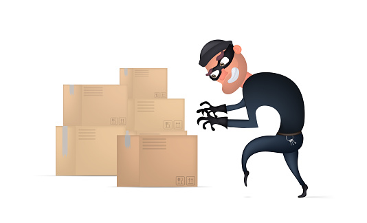 Thief worker steals parcels in post office. Masked man in black suit stole cardboard box. Flat design cartoon style. Vector illustration, isolated.