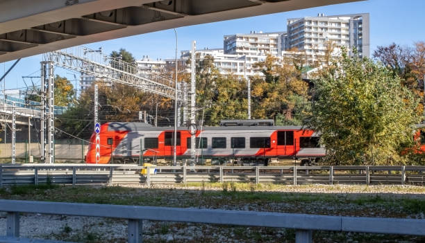 istock Train in town landscape. View from car junction. 1352714761