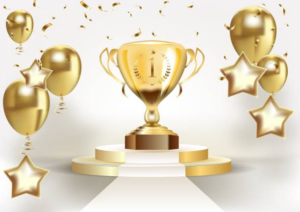 istock Realistic golden champion cup with circle podium. Isolated trophy winner gold cup. 1352716849