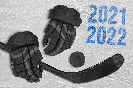 Hockey accessories on the ice arena. Concept, hockey, season