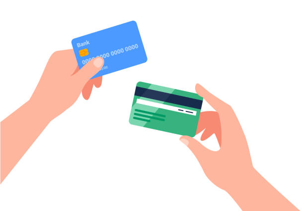 Hands holding credit plastic cards. Financial operations, transactions, investments, and payment concept. Vector flat illustration. Hands holding credit plastic cards. Non-cash money turnover. Financial operations, transactions, investments, and payment concept. Vector flat illustration. credit card stock illustrations