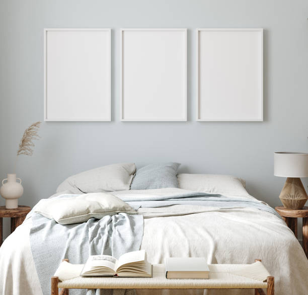 istock Mock-up poster frame in bedroom, Scandinavian style 1352723317