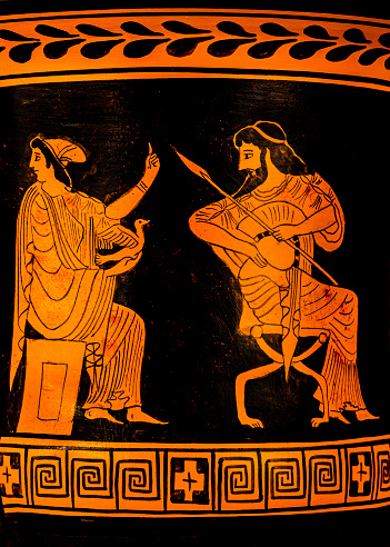 Typical ancient Greek pottery paintings depicting reddish figures on a black background.