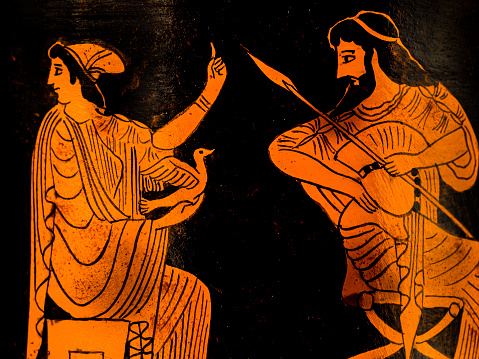 Typical ancient Greek pottery paintings depicting reddish figures on a black background.