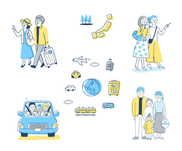zestaw różnych scen podróżniczych - women travel tourist suitcase stock illustrations
