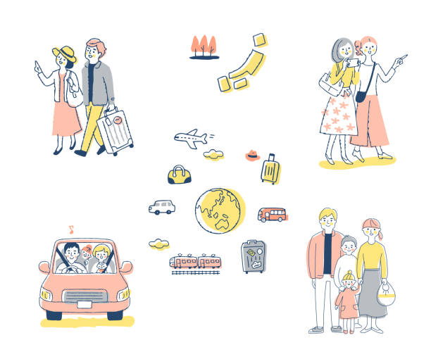 A set of various travel scenes Japan, travel, transportation, tourism, leisure, holidays family vacation car stock illustrations