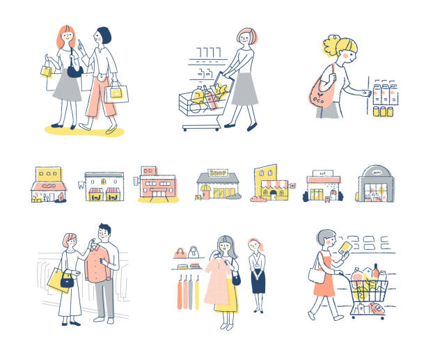 ilustrações, clipart, desenhos animados e ícones de um conjunto de várias cenas de compras - clothing store sales clerk usa clothing