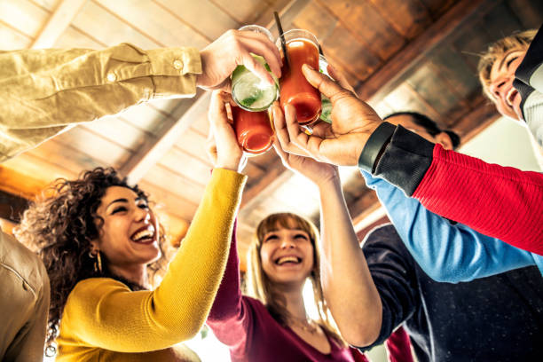 Multi ethnic friends group toasting cocktails - Happy young people having fun celebrating indoor party together - Multicultural students hanging out saturday night - Youth and friendship concept stock photo