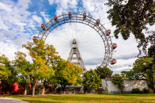 Ferris wheel (Wiener Riesenrad) in Prater amusement park, Vienna, Austria stock photo