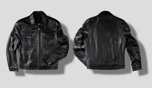 black leather jacket isolated on white. front and back views. ready for clipping path. - casaco de couro imagens e fotografias de stock
