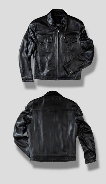 istock Black leather jacket isolated on white. Front and back views. Ready for clipping path. Vertical composition. 1352728745