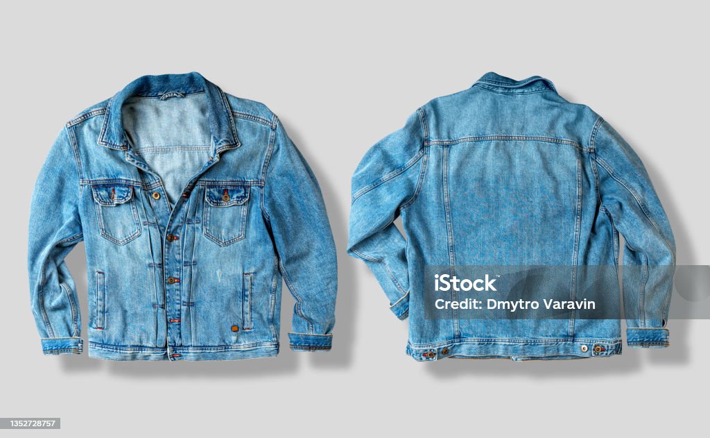 Jean jacket isolated on white. Front and back views. Ready for clipping path. Denim Jacket Stock Photo