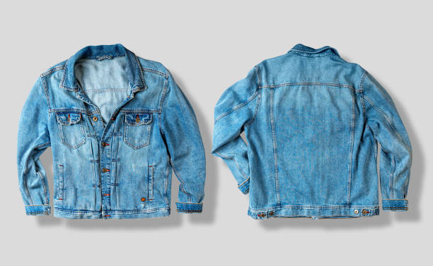 jean jacket isolated on white. front and back views. ready for clipping path. - denim jacket imagens e fotografias de stock