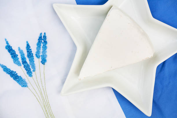 istock hat, brie cheese in a plate on blue tablecloth 1352730585
