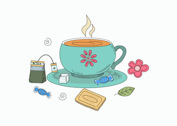 illustrations, cliparts, dessins animés et icônes de tasse avec du thé dans le style doodle. bonbons, sachet de thé et biscuits. - five oclock tea