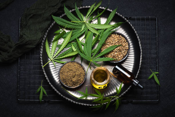 Marijuana plant with cannabis oil, cannabis protein and cannabis seeds Marijuana plant with cannabis oil, cannabis protein and cannabis seeds in a big black bowl on a black background. Top view. hashish stock pictures, royalty-free photos & images