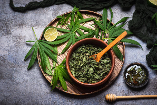 dry marijuana leaves for making tea. dry, chopped marijuana leaves for making tea, a wooden bowl with fresh marijuana leaves on a wooden grey black background. Cup of tea. top view healthy marijuana cannabis plant growing in a garden stock pictures, royalty-free photos & images
