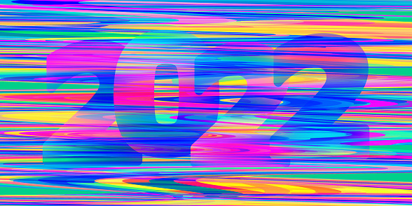 Bright multicolored 2022 glitch background with color noise effect. Vibrant vector graphic template