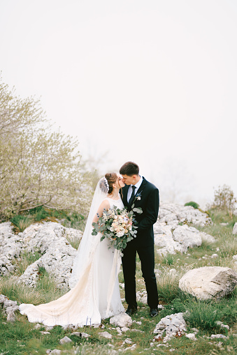 Groom kisses bride in a long dress with a veil and a bouquet of flowers on the background of rocks and greenery. High quality photo