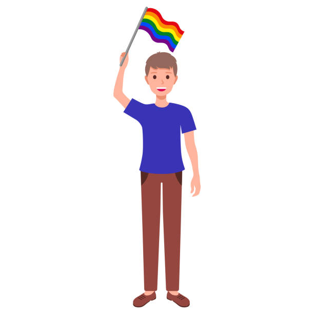 brązowowłosy mężczyzna trzymający tęczową flagę biorący udział w paradzie równości. - rainbow gay pride homosexual homosexual couple stock illustrations