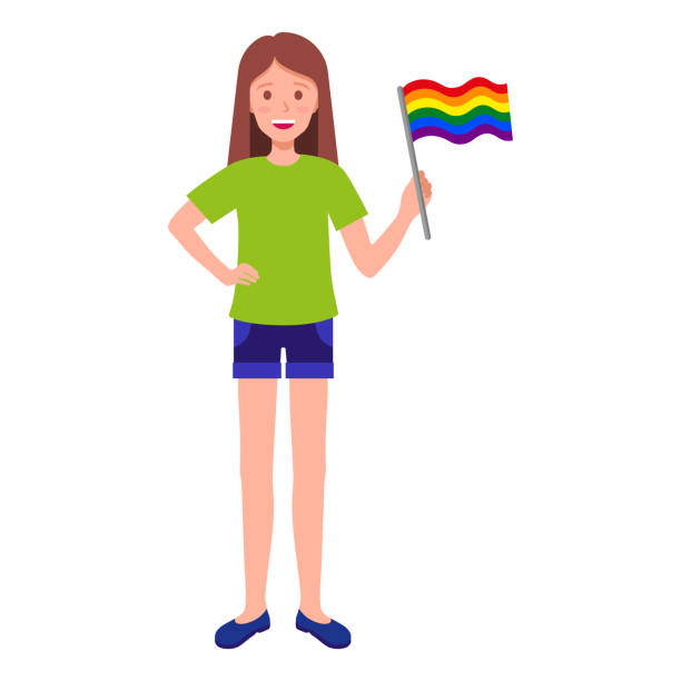 illustrazioni stock, clip art, cartoni animati e icone di tendenza di donna bruna con la bandiera arcobaleno che partecipa alla parata dell'orgoglio. - rainbow gay pride homosexual homosexual couple