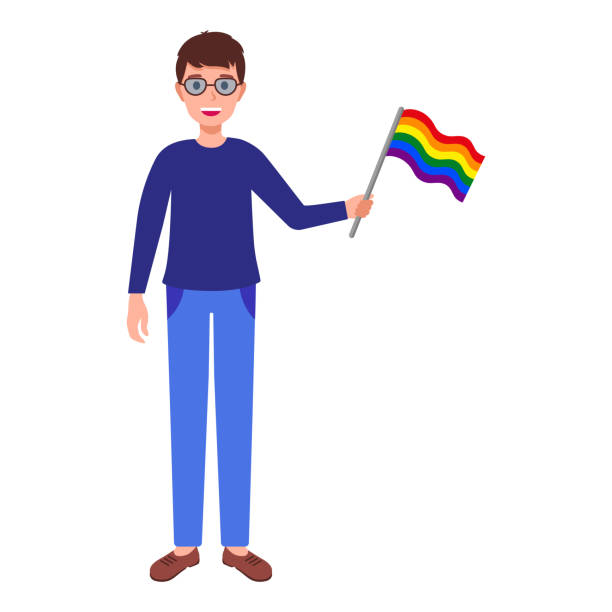illustrazioni stock, clip art, cartoni animati e icone di tendenza di uomo bruno con gli occhiali che tengono la bandiera arcobaleno che partecipa alla parata del pride. - rainbow gay pride homosexual homosexual couple