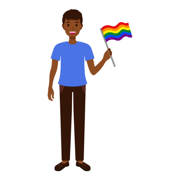 ilustraciones, imágenes clip art, dibujos animados e iconos de stock de hombre moreno negro con bandera arcoíris participando en el desfile del orgullo. - rainbow gay pride homosexual homosexual couple