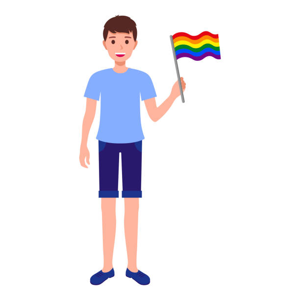 illustrazioni stock, clip art, cartoni animati e icone di tendenza di uomo bruno con la bandiera arcobaleno che partecipa alla parata dell'orgoglio. - rainbow gay pride homosexual homosexual couple