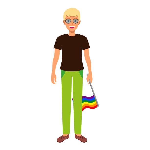 illustrazioni stock, clip art, cartoni animati e icone di tendenza di uomo biondo con la bandiera arcobaleno che partecipa alla parata dell'orgoglio. - rainbow gay pride homosexual homosexual couple