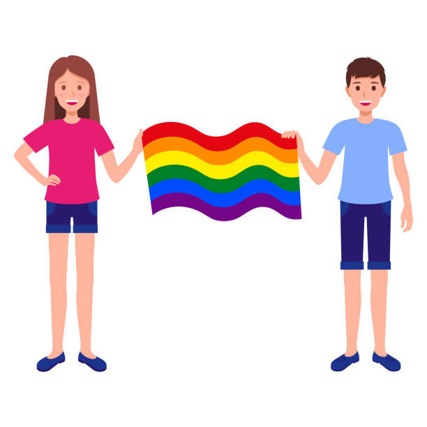 mężczyzna i kobieta trzymający tęczową flagę biorący udział w paradzie równości. - rainbow gay pride homosexual homosexual couple stock illustrations