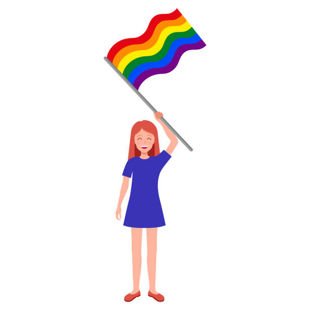ilustraciones, imágenes clip art, dibujos animados e iconos de stock de mujer pelirroja con bandera arcoíris participando en el desfile del orgullo. - rainbow gay pride homosexual homosexual couple