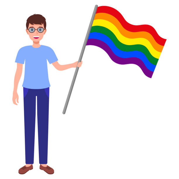 ilustraciones, imágenes clip art, dibujos animados e iconos de stock de hombre moreno con gafas sosteniendo una gran bandera del arco iris participando en el desfile del orgullo. - rainbow gay pride homosexual homosexual couple