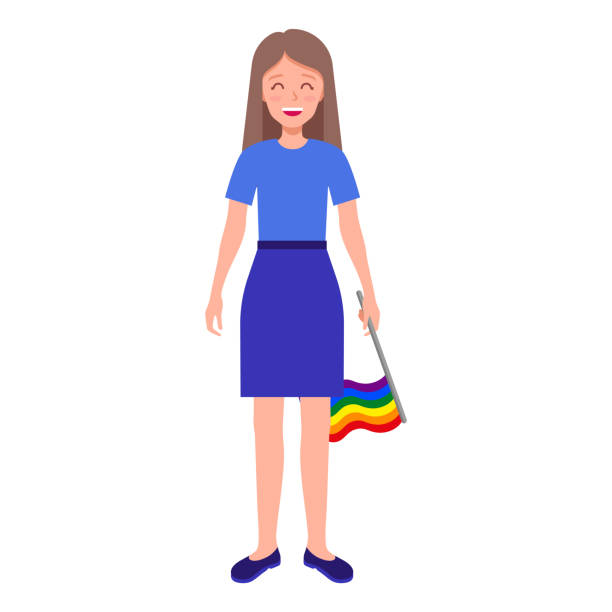 ilustraciones, imágenes clip art, dibujos animados e iconos de stock de mujer de cabello castaño sosteniendo la bandera del arco iris participando en el desfile del orgullo. - rainbow gay pride homosexual homosexual couple